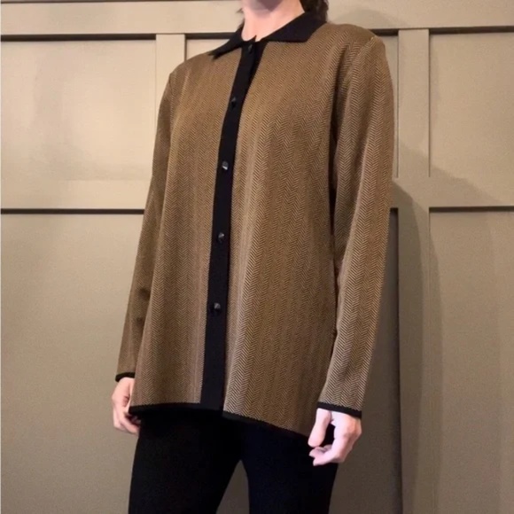 Exclusively Misook Herringbone Button Front Jacket Brown & Black Size Medium - Picture 3 of 12